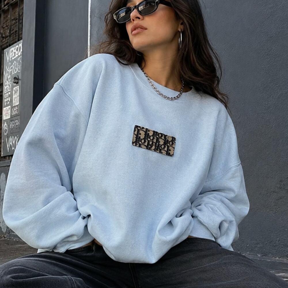 iamkoko.la Dior Patch Oversized Crewneck Sweatshirt Blue Reworked LA Streetwear